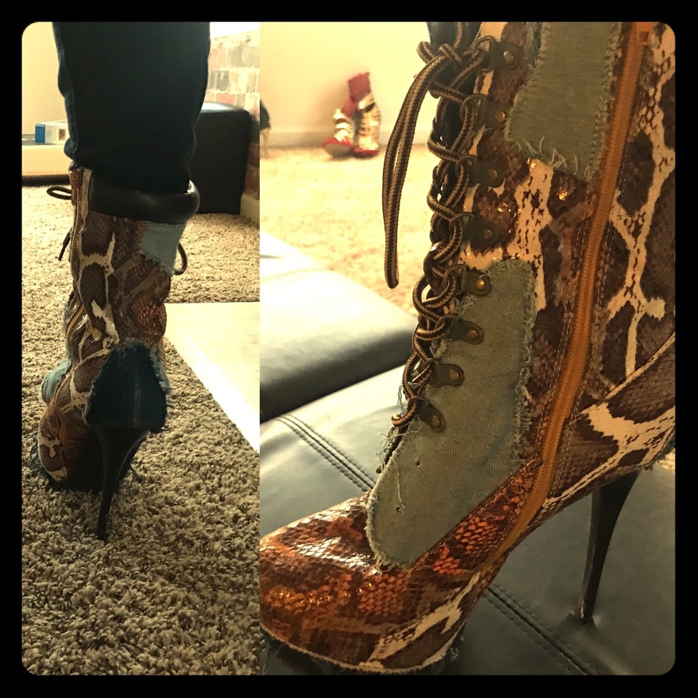 Snake skin and Denim patched ankle heeled boots